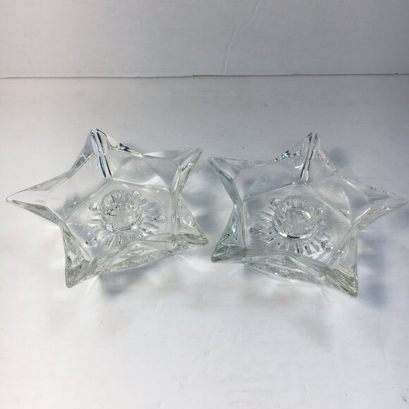 Hazel-Atlas Crystal Glass Star Line Set 2 Candle Holder Vtg Christmas Holiday - Picture 1 of 5